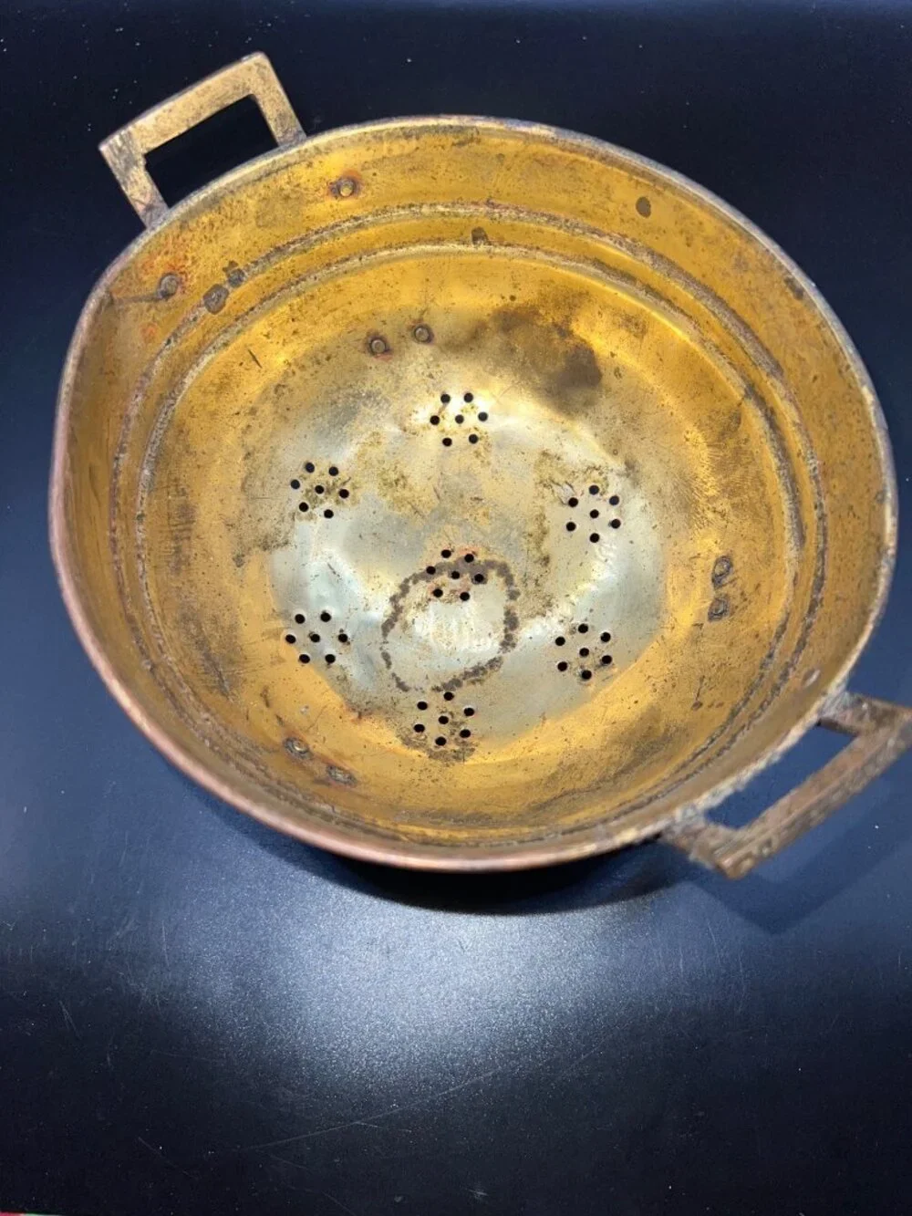 Vintage Copper & Brass Colander Bowl Handles Three Feet Rustic Perforated Patina